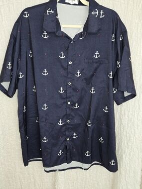 KYKU size XL Navy Short-Sleeve Anchor Print Button-Up Shirt